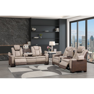 Bruno Traditional 2Pc Power Reclining Living Room Set with LED Lighting, Bluetooth Speakers and Cup Holders in Brown Faux Leather