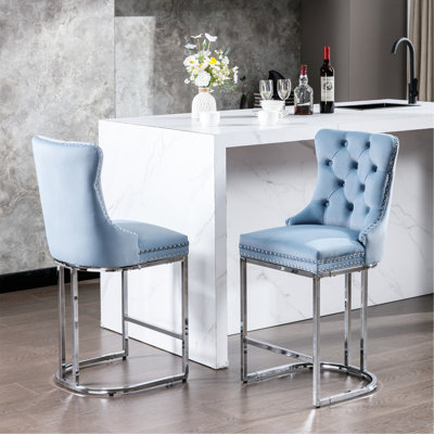 2 Pack 26" Counter Height Bar Stools, Velvet Upholstered With Button Back & Rivet Trim, Stable Metal Base For Kitchen And Home Stools Of 2, 26", Stron by Mercer41