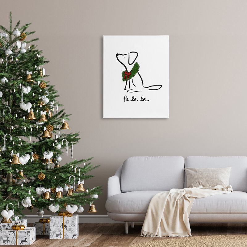 Fa Fa La La Holiday Doging Dog Line Doodle Wreath Black, estampe numérique encadrée, art texturé par Anna Whitham