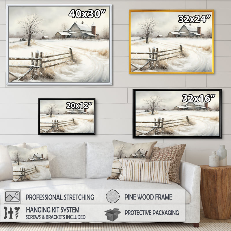 «Ohio Farm in Winter», reproduction sur toile, H 30 po x l 40 po x P 1,5 po, Cadre flottant noir