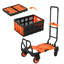 Chariot de manutention pliable 2 en 1, robuste et convertible (150 kg), avec panier pliable, cordon élastique, roues en caoutchouc et poignée rétractable. Parfait pour les déménagements, le bureau et le transport de bagages. Couleur : orange.