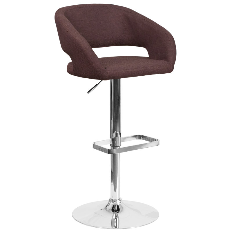 Tabouret de bar contemporain à hauteur réglable en vinyle avec dossier moyen arrondi, Chrome, Brun
