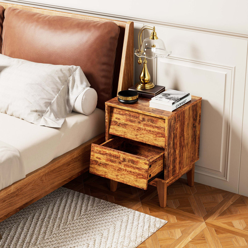 2-Piece MDF Vintage Bevel Style Mid-Century Bedroom Nightstand Set, Brown