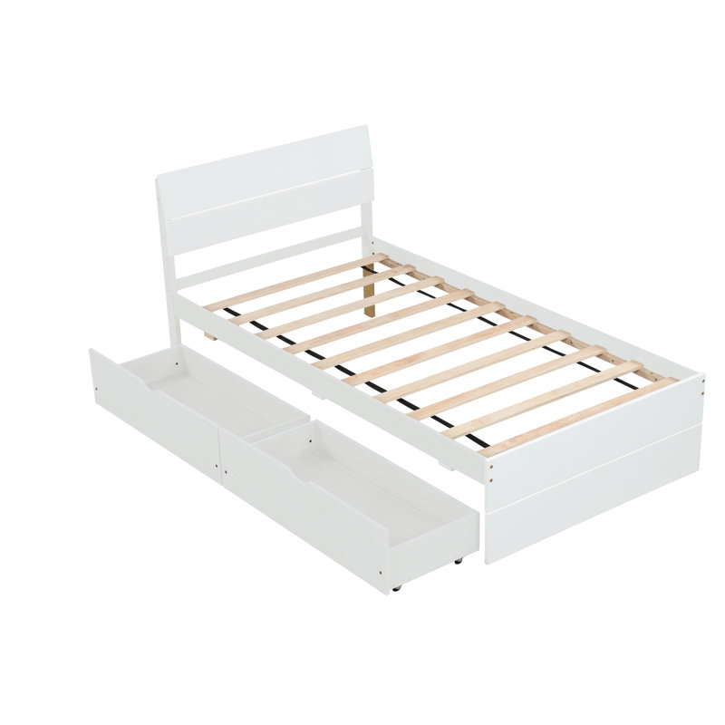 Cadre de lit simple moderne avec 2 tiroirs pour tête et pied de lit blanc brillant, Blanc crémeux