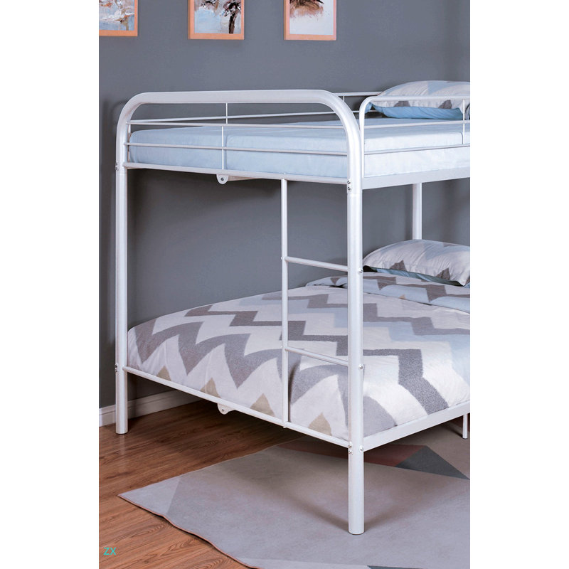 Lit superposé double en métal de style contemporain avec échelle en angle, Lit superposé double sur double, Blanc