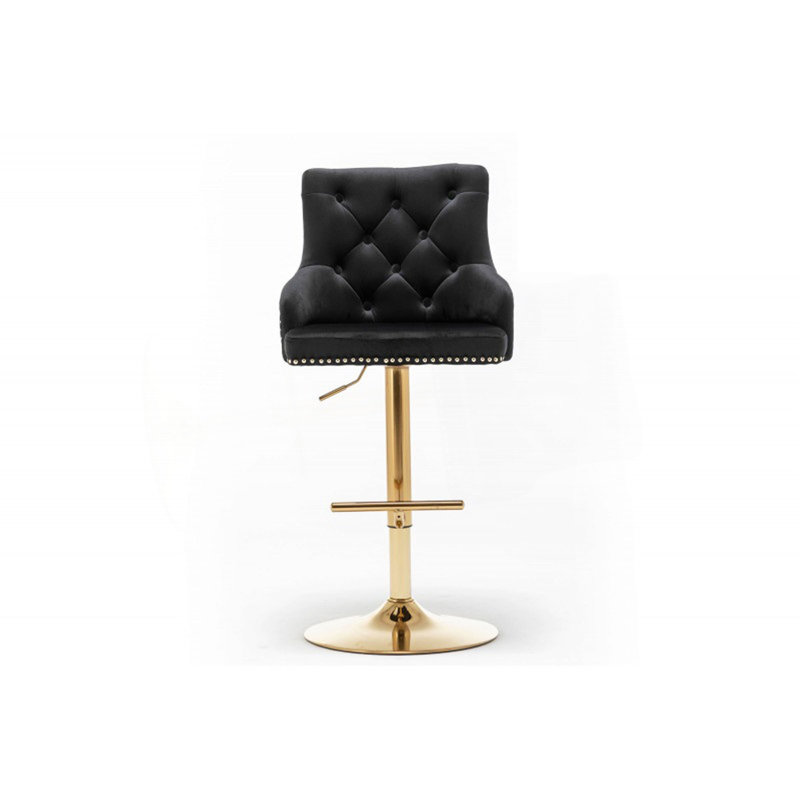 Tabouret de bar pivotant réglable (ensemble de 2) avec base dorée, chaise de cuisine rembourrée en velours, garniture cloutée et dossier capitonné