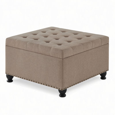 Large square storage ottoman with wooden legs, Upholstered button tufted coffee table with nail trims for Living Space