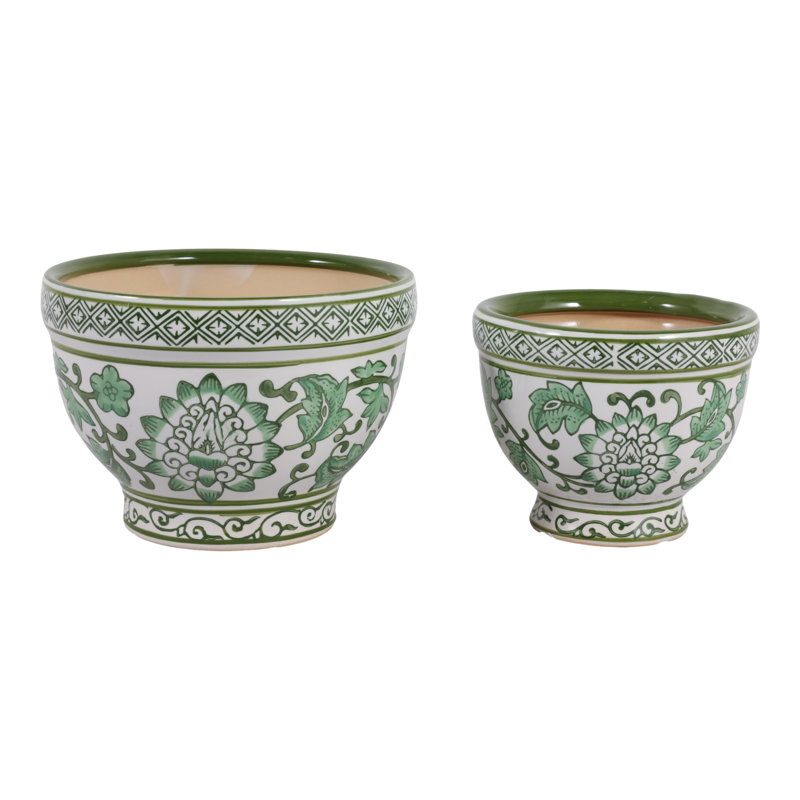 Classic Chinoiserie Ceramic Outdoor Planters Set for Patio Styling - Decorative Indoor Flower Pots for Living Room  and Home Decor - Set of 2