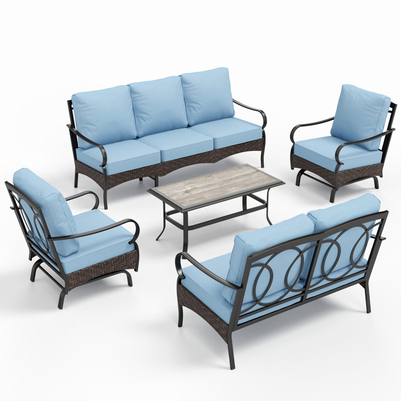 Rocking Outdoor Conversation Set, 4 Pcs: Table, 2 Chairs, Sofa, Blue