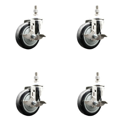 4 Inch 316SS Black Polyurethane Swivel 10mm Threaded Stem Caster Set Brake