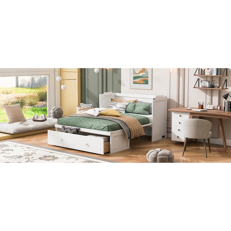 Lit blanc avec port et armoire spacieuse avec tiroir - Stable et vaste rangement