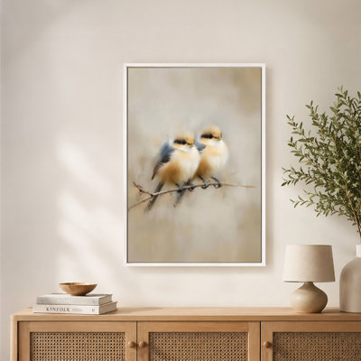 Deux petits oiseaux perchés, art mural sur toile avec cadre flottant, prêt à être accroché