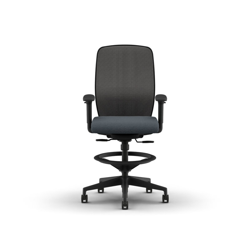 Tabouret de travail HON Nucleus, repose-pieds réglable, filet noir, tissu foncé, structure noire, OBSCURITÉ, Noir