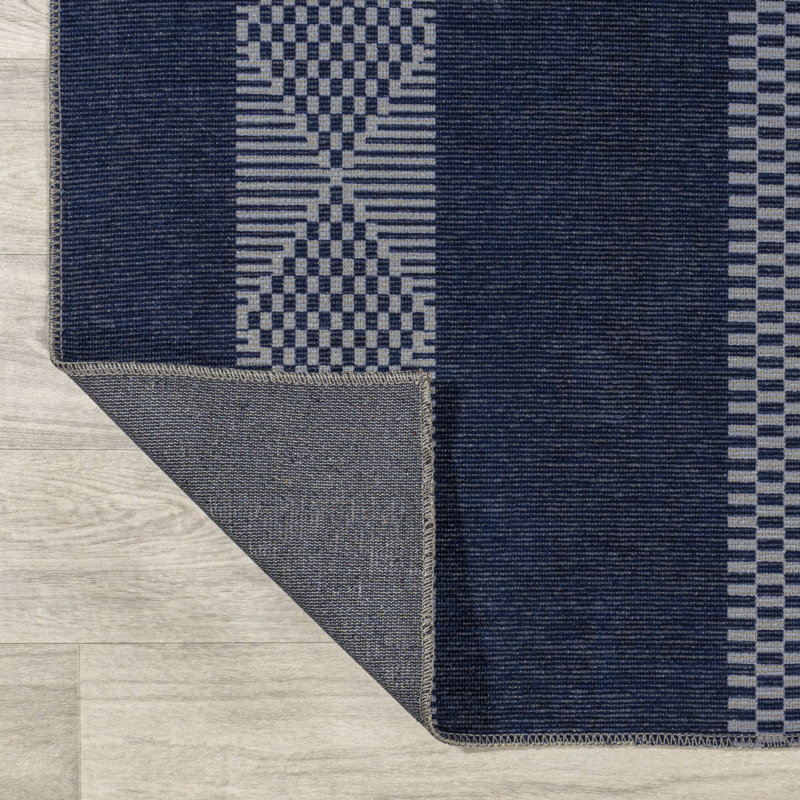 Braylyn Trellis Stripe Machine-Washable Navy/Gray Rug, Rectangle 2'11" x 5'