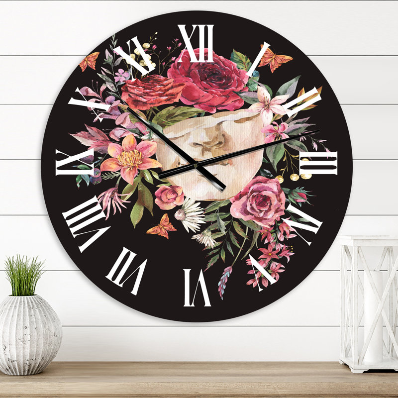 Sculpture grecque rétro avec fleurs séchées - horloge murale traditionnelle, Très petit