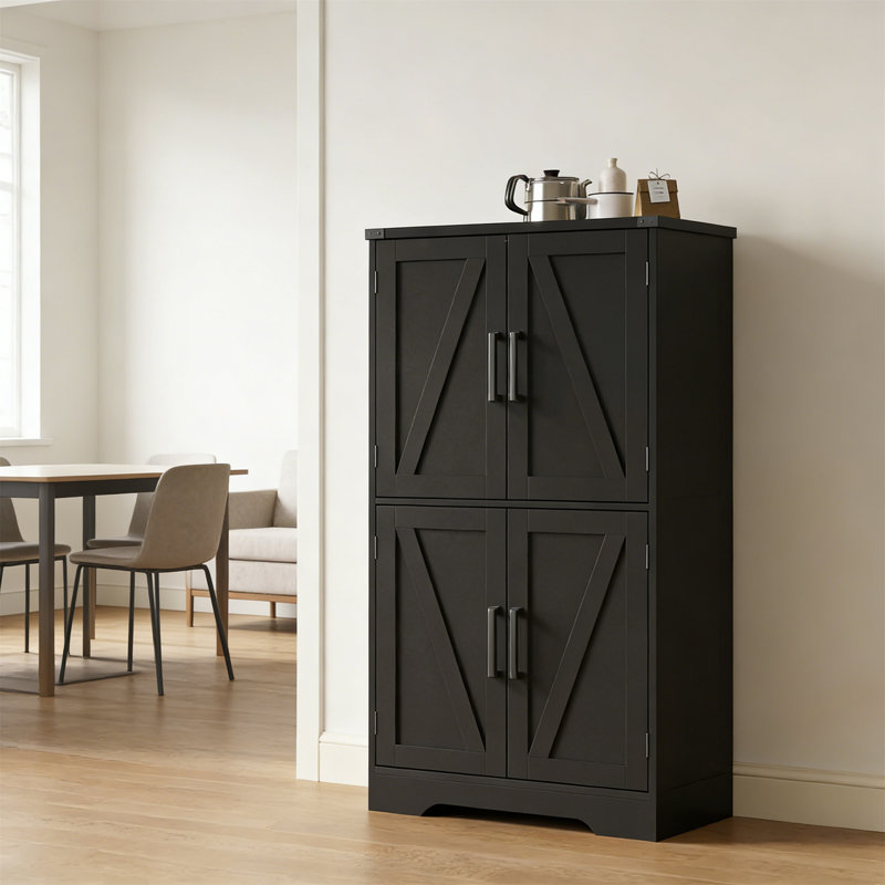 Farmhouse Black Bathroom Storage Cabinet With Doors And Adjustable Shelves, Freestanding