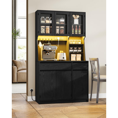 Kitchen Cupboard with LED & Power Outlet, Tall Kitchen Cabinet with Countertop & 2 Drawers, Sideboard Storage Cabinet, Adjustable Shelves, for Dining Room, 40 x 100 x 180 cm