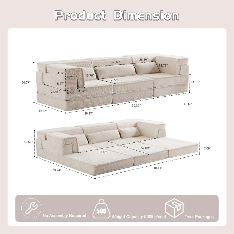 Canapé à compression Mahjong, canapé-lit convertible au sol, canapé modulaire modulaire désossé DIY, aucun assemblage requis, tissu polaire circulaire, surdimensionné à 3 places avec 3 coussins