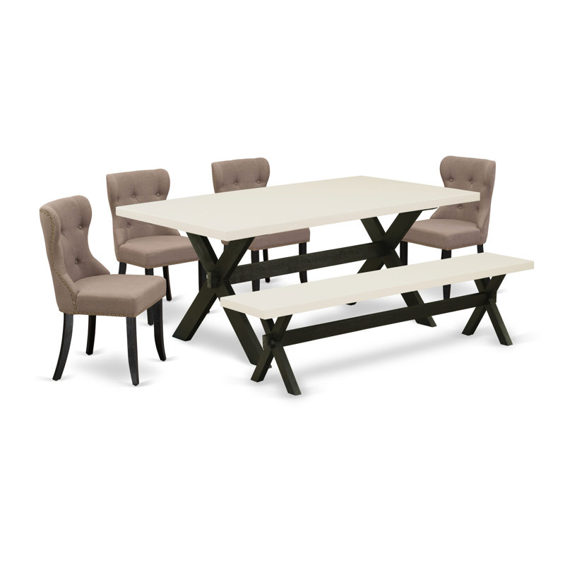 L'ensemble de table de cuisine 6 pièces contient une table de salle à manger rectangulaire avec des pieds en X et 4 chaises Parson en tissu de lin avec banc, noir brossé