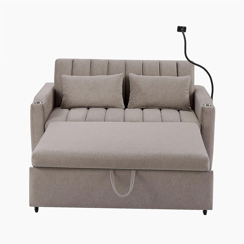 Canapé-lit convertible de 55,9 po avec trois ports USB, deux poches latérales, deux porte-gobelets et un support de téléphone pivotant à 360 ° pour le salon, gris clair
