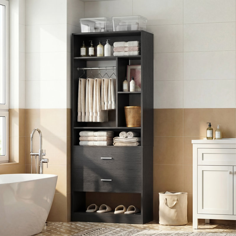 80″ H Bathroom Cabinet With 2 Drawers, Freestanding Bathroom Shelves, Black
