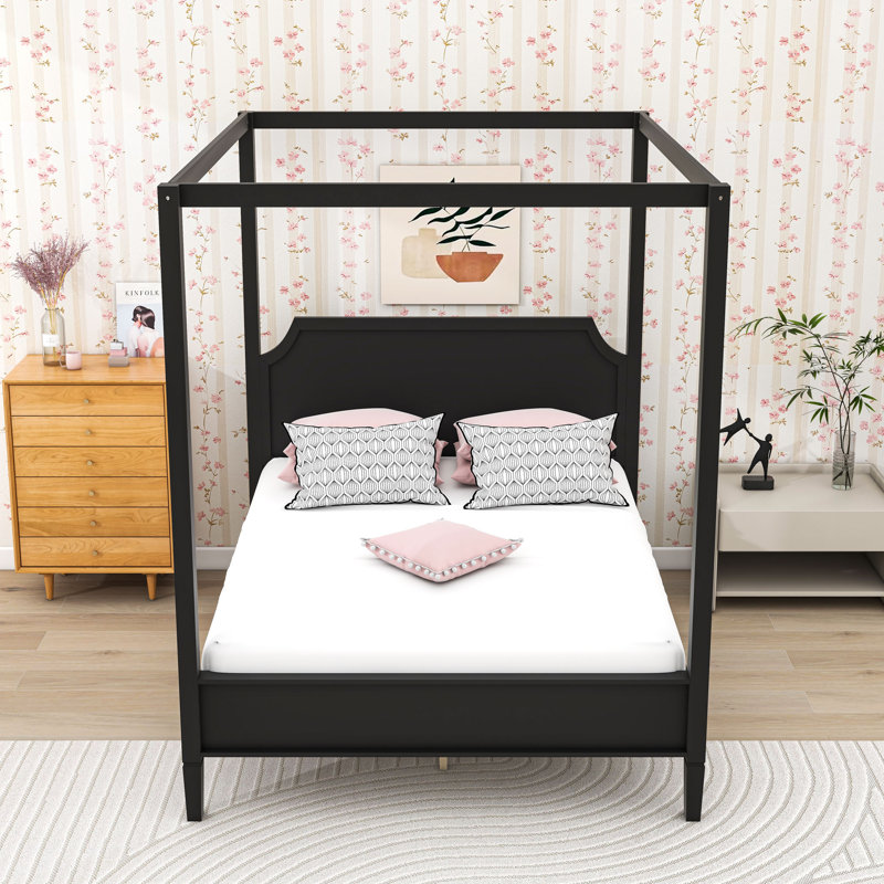 Wood Canopy Platform Bed with Headboard, Black, Queen