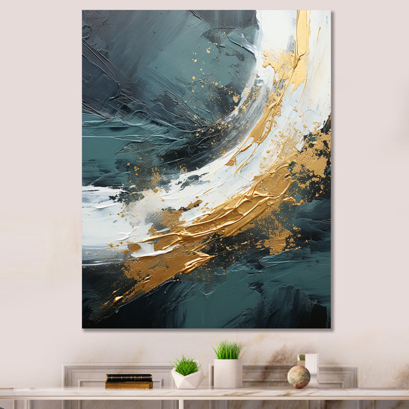 Or et vert abstrait cascade de marbre III - Art mural abstrait, H 40 po x l 30 po x P 1,5 po, Toile tendue