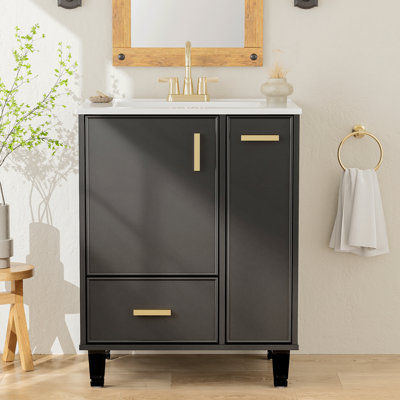 Ensemble de meuble-lavabo moderne 24 po avec lavabo en céramique, meuble de rangement autoportant avec poignée dorée, ensemble de meuble-lavabo simple en bois massif avec panier coulissant à 2 niveaux