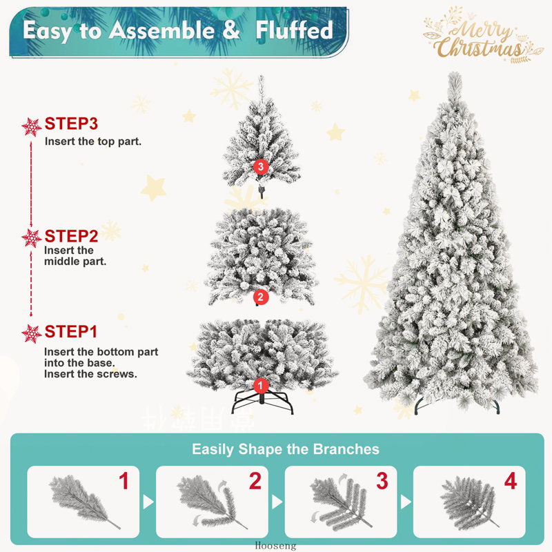 Sapin de Noël floqué de 2,4 m avec 1445 pointes enneigées, branches en PVC et aiguilles rigides, H 8 pi