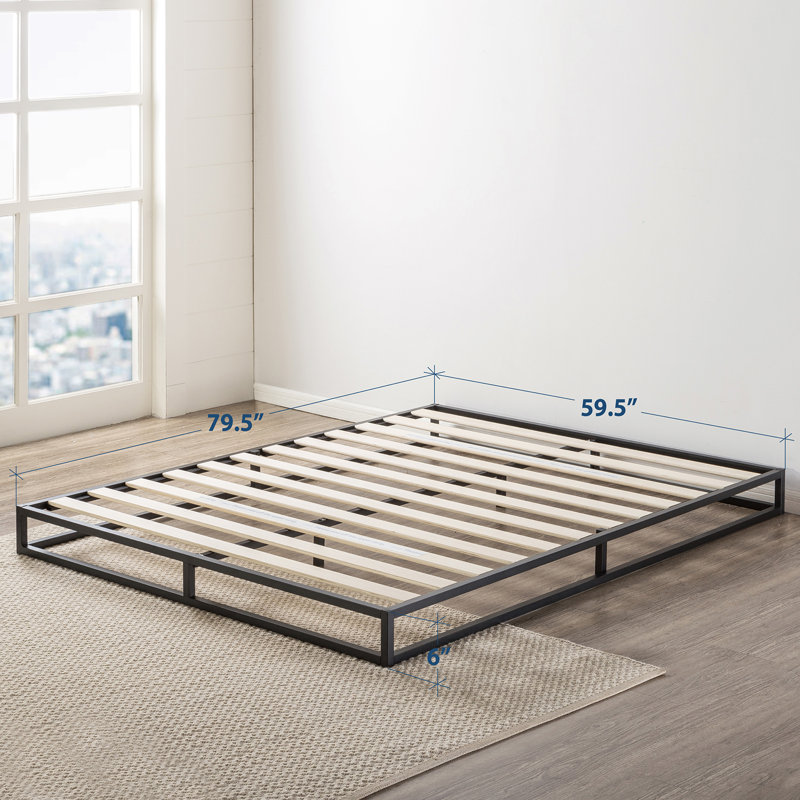 Modern Black Metal Queen Platform Bed Frame with Wooden Slats