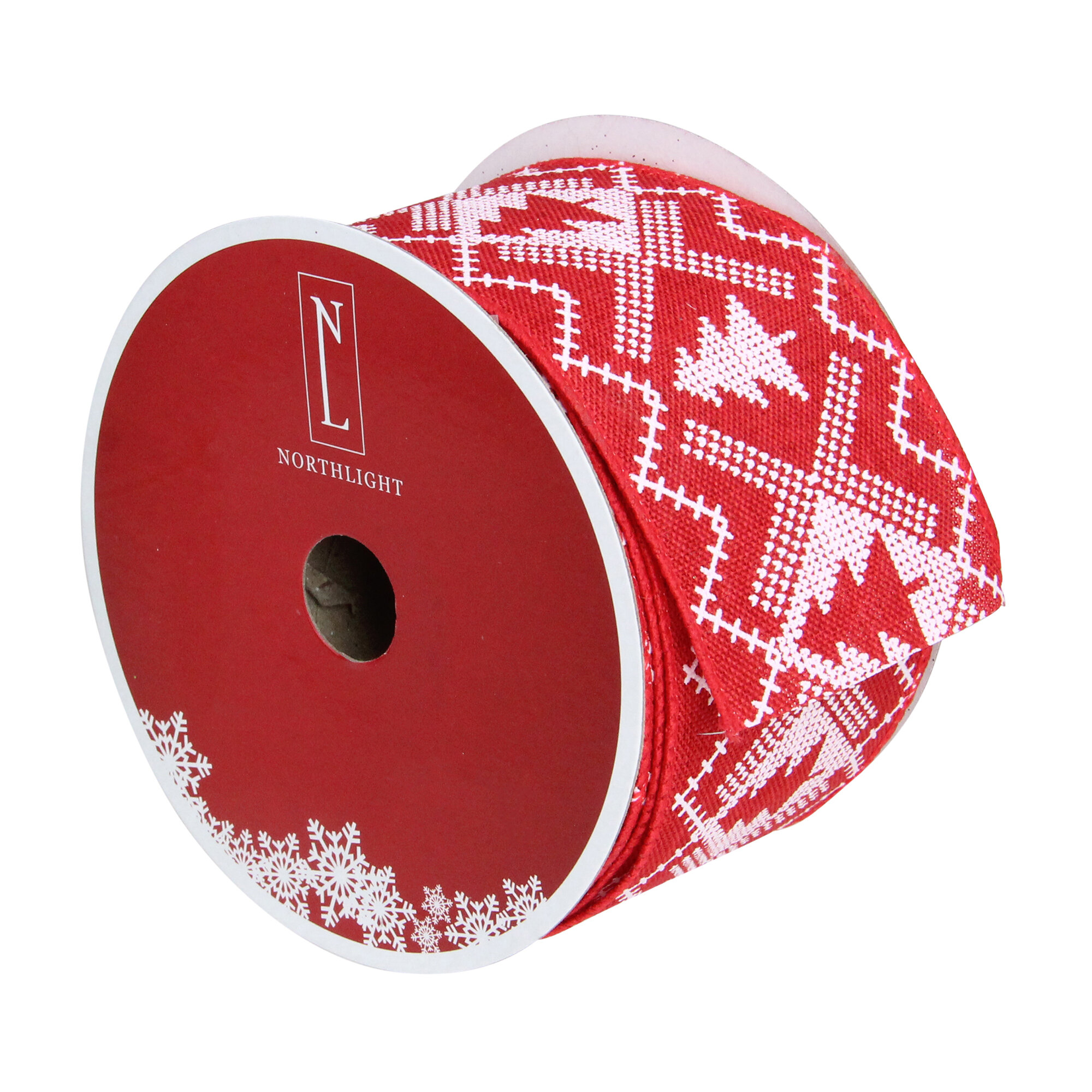 Red & White Nordic Tree Christmas Wired Craft Ribbon 2.5 x 16