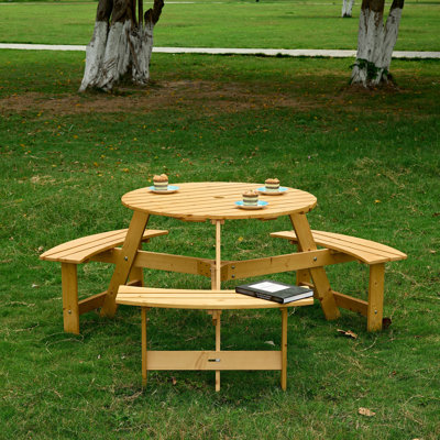 Table de pique-nique d'extérieur pour 6 avec 3 bancs intégrés - Design rustique, trou de parasol, jardin et patio pour personnes en bois massif, rehausse l'ambiance de la cour arrière