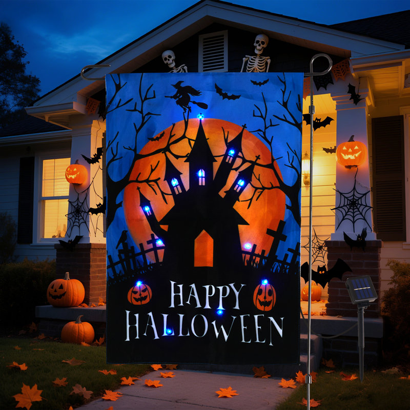 Drapeau solaire solaire de jardin d'Halloween avec lumières, 12 x 18
