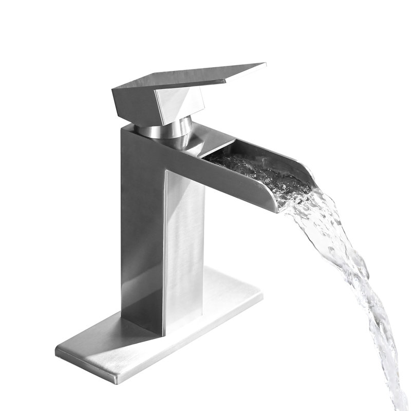 Contemporary Bathroom Faucet - Brushed Nickel Waterfall Single Handle With Pop Up Drain Elegant Deck Plate & Overflow