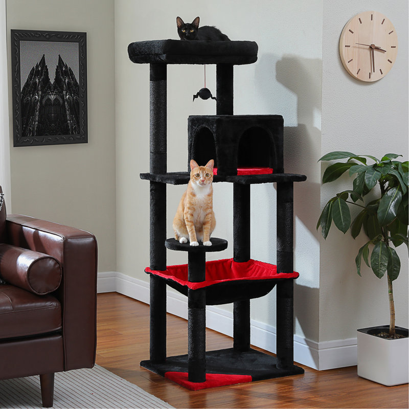 Arbre à chat avec très grand hamac, tour à chat noire 56,3 po avec lit en cercueil, maisonnette pour chat, poteaux à griffer en sisal et perchoir supérieur, arbre à chat multi-niveaux