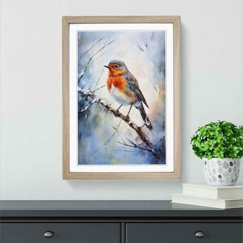 Robin Bird Impressionism No.2 - Single Picture Frame Print on Wood, 64cm H x 46cm W x 2cm D, Oak