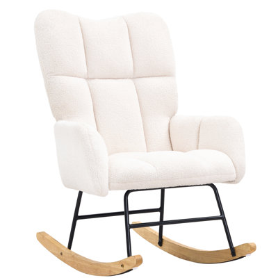 Chaise berçante pour chambre de bébé avec tissu doux, structure de soutien de poids de 250 lb, courbe ergonomique, assemblage rapide, capacité du siège coulissant blanc, revêtement en bois d'hévéa, entretien facile