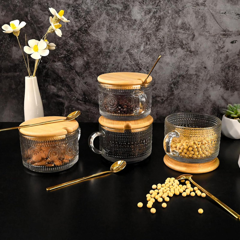Tasses à thé Vintage Coffee [paquet de 4], tasses à café en verre, tasses en verre transparent en relief pour cappuccino, café au lait, céréales, yogourt, boissons
