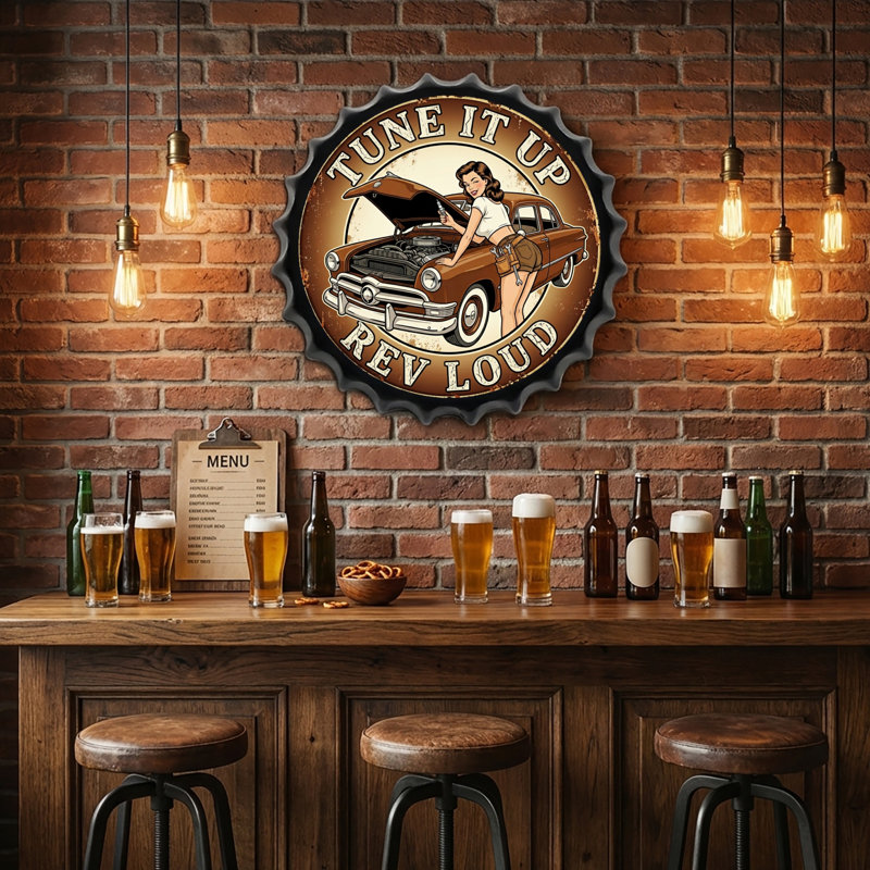 Retro Pinup Bottle Caps Metal Tin Signs Wall Art Plaque Vintage Home Decor 13.8x13.8 Inch