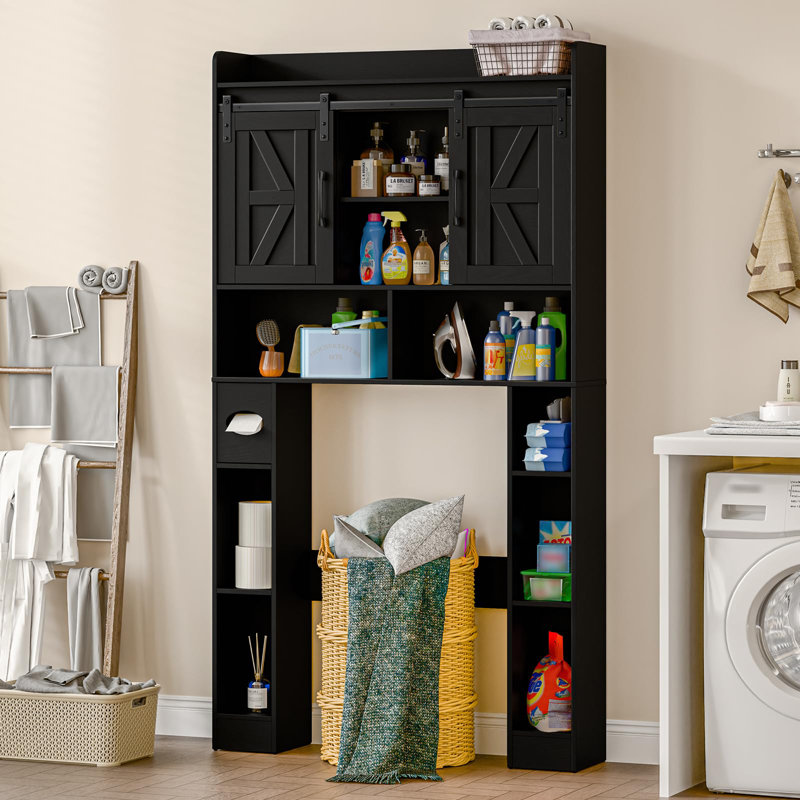 Armoire de rangement Farmhouse au-dessus d'une toilette avec portes coulissantes, Noir
