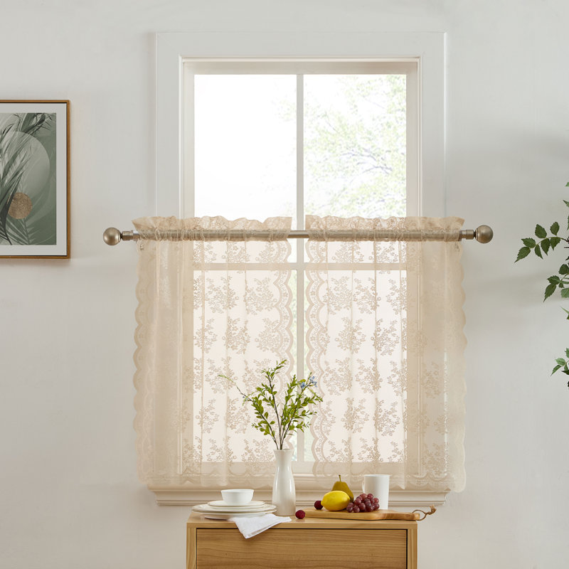 Stefani Floral Rod Pocket Lace Semi Sheer Voile Short Cafe Tiers for Small Windows - Set of 2, 36" L x 28" W, Taupe