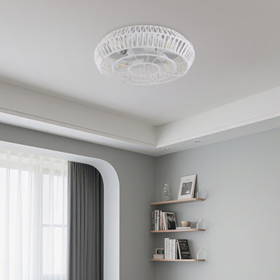19.3 In. 4-light White Caged Flush Mount Fixture With Rattan Shade And No Bulbs Included