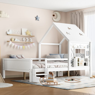 Twin Kids House Bed with Low Stairs, Window, Bookcase & Blackboard, Solid Wood Platform Bed with Star Roof, Gray by Ophelia & Co.