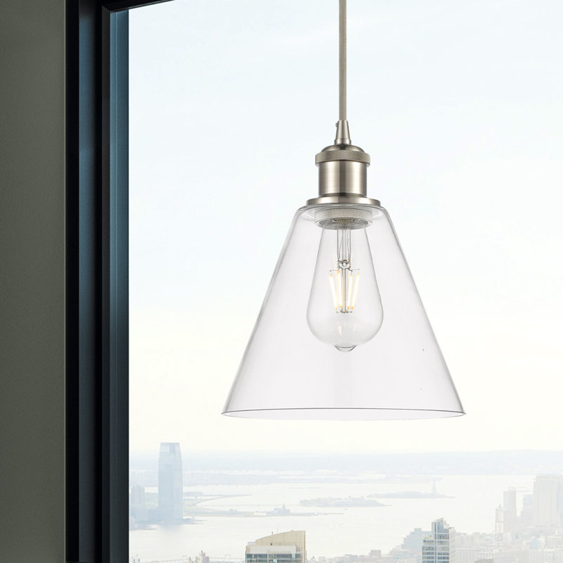 Luminaire suspendu conique à 1 lumière Halyn, H 11,75 po x l 8 po x P 8 po, Transparent, Nickel satiné brossé