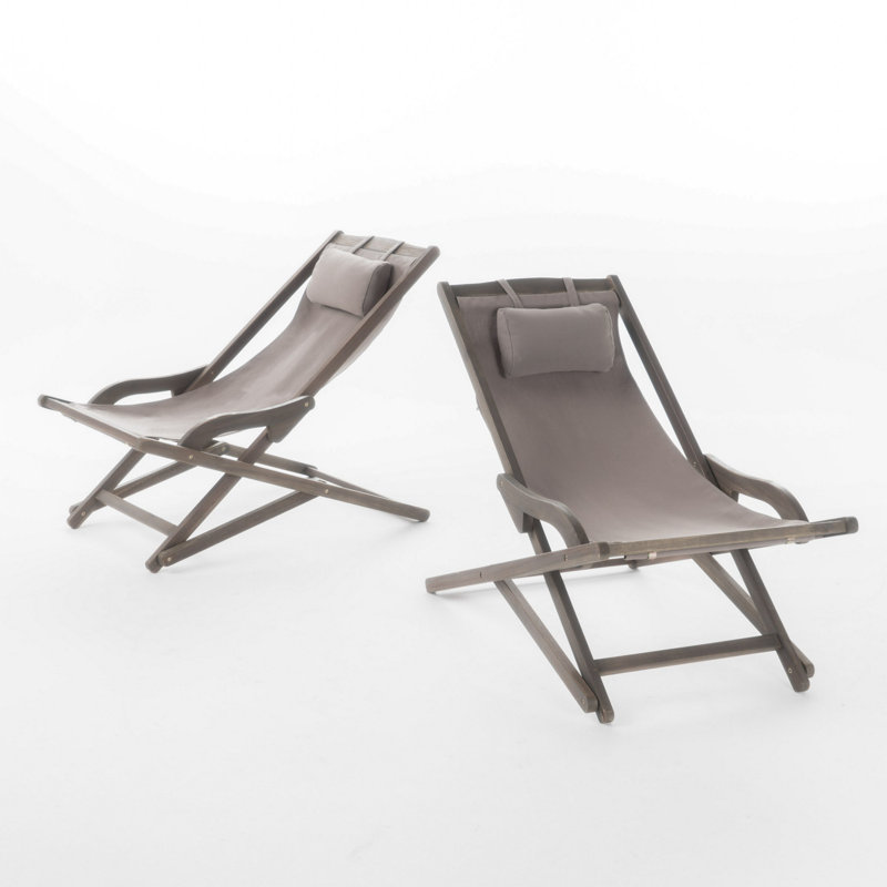 Mikki Portable Sling Chair Set Of 2 With Pillows, Polyester, Wood, Taupe, Gray