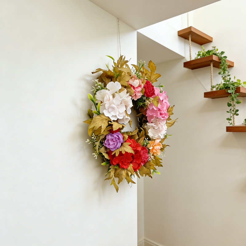 Couronne d'hortensia rose de 17 pouces pour la porte d'entrée - Couronne florale artificielle de printemps pour la Saint-Valentin, Pâques, mariage, décoration intérieure extérieure