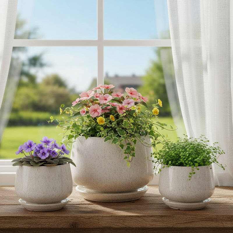 Set Of 3 Beige Ceramic Planters With Drainage Saucer Mesh Pad Indoor Decor Gift, Beige