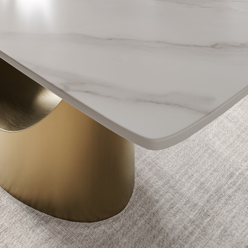  Table de salle à manger moderne avec plateau rectangulaire en pierre frittée, acier au carbone, Blanc mat