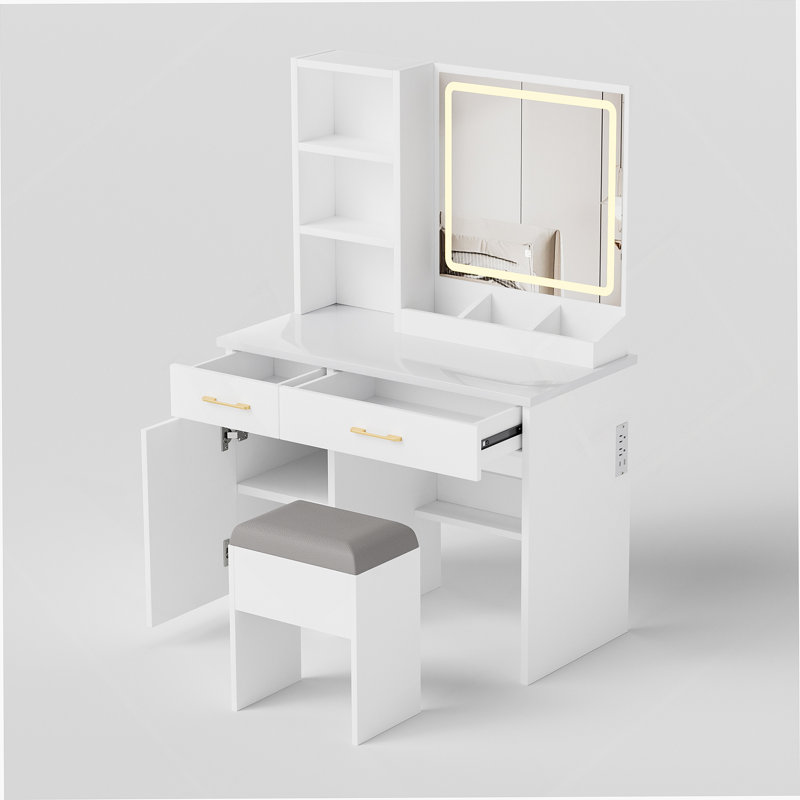 Meuble-lavabo fonctionnel avec miroir réglable, plusieurs modes d'éclairage et beaucoup de rangement, idéal pour l'organisation de la chambre à coucher et le maquillage.