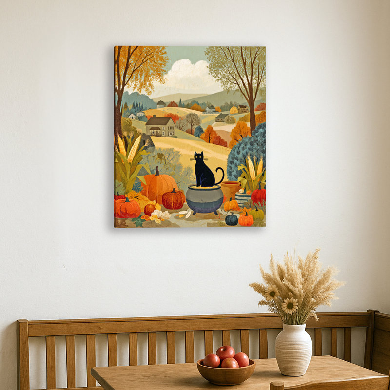 «Black Cat and Pumpkins Autumn Harvest», art mural sur toile tendue, H 30 po x l 24 po